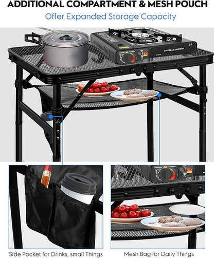 MSDADA Folding Grill Table, Height Adjustable Aluminum Table with Mesh Desktop and Mesh Bag, Portable Grill Table for Outdoor Camping, Picnic, Patio, Dining, BBQ, Party, Black, 23.6×15.7 inch