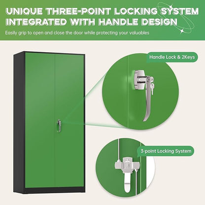 INTERGREAT Metal Storage Cabinet with Lock, 72" Steel Lockable Storage Cabinet with Locking Doors and Adjustable Shelves, Locking Tool Cabinets for Office, Home, Garage, Gym, School (Black Green)