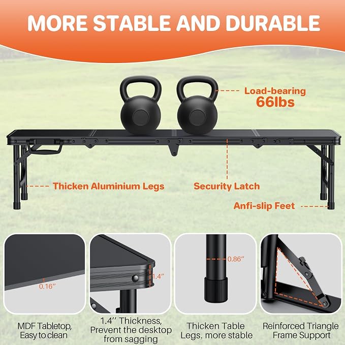 FUNYKICH 4ft Low Folding Picnic Table(45.7''x15.7''x10.3''), Thicker Aluminum Legs Beach Table with Handle & Carry Bag, Lightweight Small Camping Table for Picnic Beach Camping Party, Black