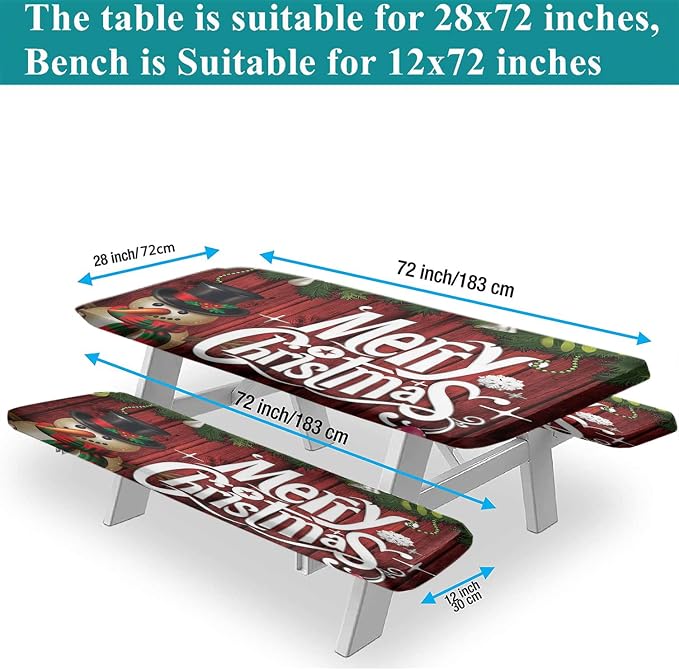 Christmas Picnic Table Cover with Bench Covers, Red Xmas Tree and Snowman Print Elastic Edged Table Cover, 72x28 Inch, Polyester Table Covers for Camping Patio & Picnic Use, Cream, 3 Pieces Set