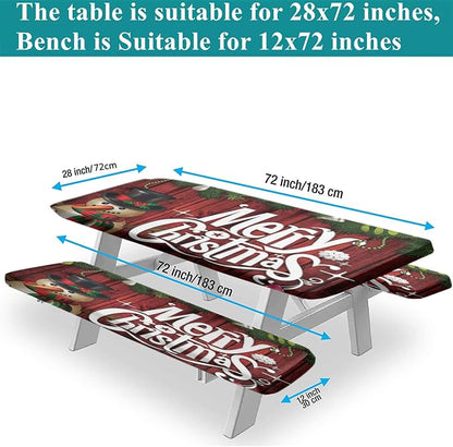 Christmas Picnic Table Cover with Bench Covers, Red Xmas Tree and Snowman Print Elastic Edged Table Cover, 72x28 Inch, Polyester Table Covers for Camping Patio & Picnic Use, Cream, 3 Pieces Set