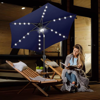 FLAME&SHADE Solar Patio Umbrella with Centre Light, 7.5 FT Navy Blue | UV Protection, Small Solar Outdoor Umbrella for Porch, Deck, Backyard, Garden, Provides Evening Lighting, 24 LED Lights
