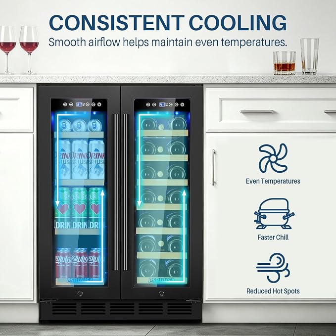 24 Inch Wine and Beverage Refrigerator Dual Zone Wine Fridge Beverage Cooler Holds 88 Cans and 20 Bottles, Seamless Frame, Built-In or Freestanding with Glass Door for Kitchen, Home Bar