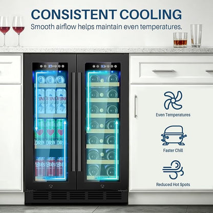 24 Inch Wine and Beverage Refrigerator Dual Zone Wine Fridge Beverage Cooler Holds 88 Cans and 20 Bottles, Seamless Frame, Built-In or Freestanding with Glass Door for Kitchen, Home Bar