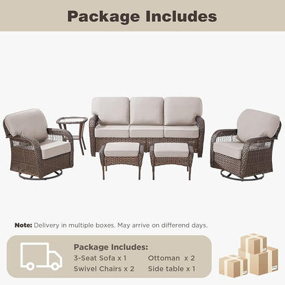 Belord Luxury Patio Furniture Set with 5-inch Thick Cushion, Outdoor Couch and High Back Swivel Rocker Patio Chairs, 6PCS Wicker Conversation Set for Deck Yard and Poolside,Beige