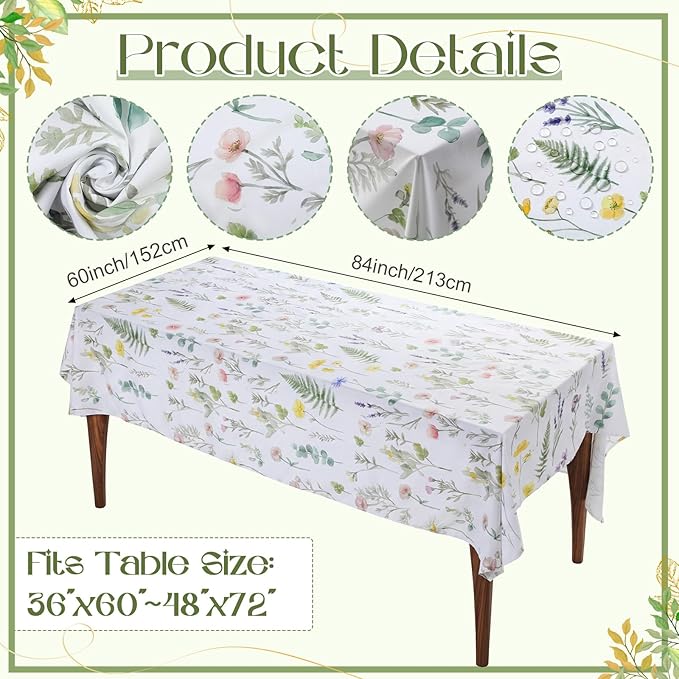 7 Pcs Wildflower Tablecloth and Chair Covers Set 60 x 84 Inch Summer Rectangle Washable Table Cover and Stretchable Seat Slipcovers for Home Dining Room Camping Wedding Party