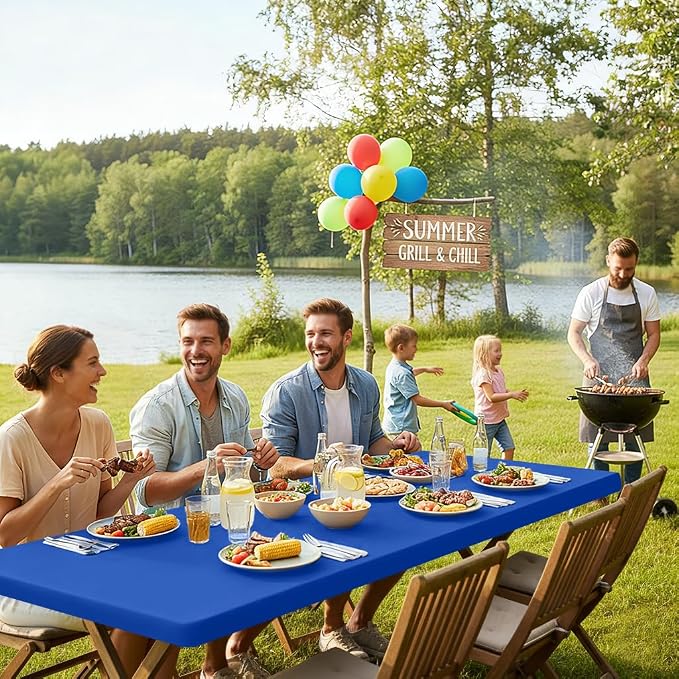 Smiry Rectangle Picnic Table Cloth, Waterproof Elastic Fitted Tablecloths for 6 Foot Tables, Washable Polyester Table Cover for Camping, Indoor and Outdoor (Blue, 30"x72")