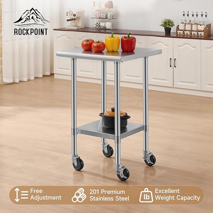 ROCKPOINT All Stainless Steel Prep Table with Caster 24x24 Inch, Commercial Heavy Duty Workbench with Stainless Legs & Adjustable Undershelf, 670 lb Capacity for Outdoor Kitchens with Wheel