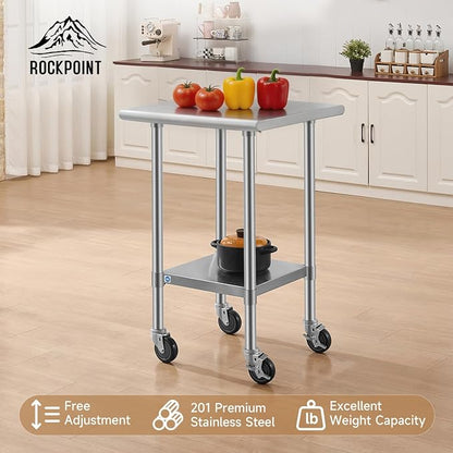 ROCKPOINT All Stainless Steel Prep Table with Caster 24x24 Inch, Commercial Heavy Duty Workbench with Stainless Legs & Adjustable Undershelf, 670 lb Capacity for Outdoor Kitchens with Wheel