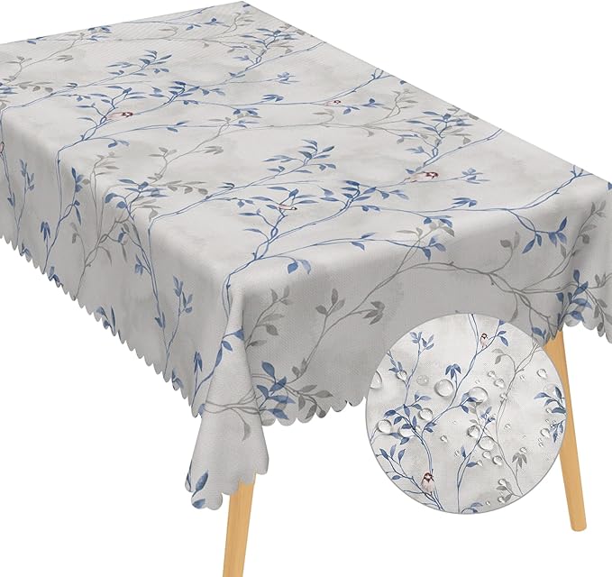 Blue Gray Floral Rectangle Tablecloths 70x140 Inch Plants Birds Decoration Table Cloth for Seasonal Decors Watercolor Oil Proof Spill Proof Wipeable Table Cloths for Indoor Outdoor Use