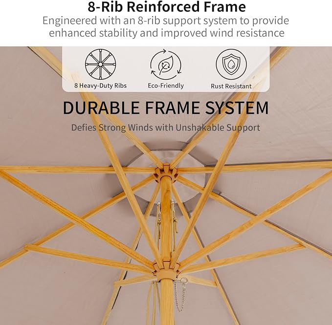 9FT/10FT Wood Patio Umbrella, Large Outdoor Table Pool Umbrella | 205G Olefin/180G Polyester Fabric, Push-Pull Operation Market Umbrella, 8 Rib Vented Canopy, Ideal for Patio, Backyard