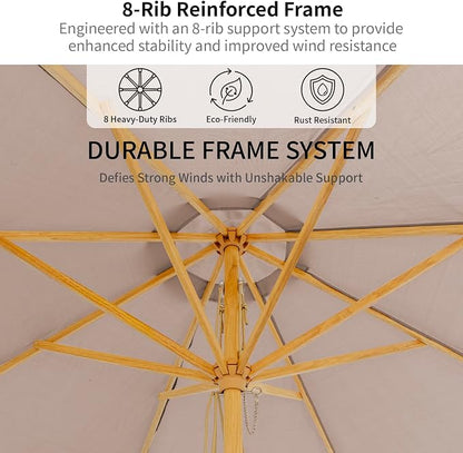 9FT/10FT Wood Patio Umbrella, Large Outdoor Table Pool Umbrella | 205G Olefin/180G Polyester Fabric, Push-Pull Operation Market Umbrella, 8 Rib Vented Canopy, Ideal for Patio, Backyard