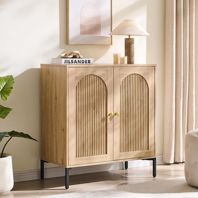 IFBUY Modern Sideboard Buffet Cabinet, 34" Tall Fluted Arched Buffet Cabinet with Storage and Adjustable Shelves, Wooden Modular Coffee Bar Cabinets for Kitchen, Entryway, Natural
