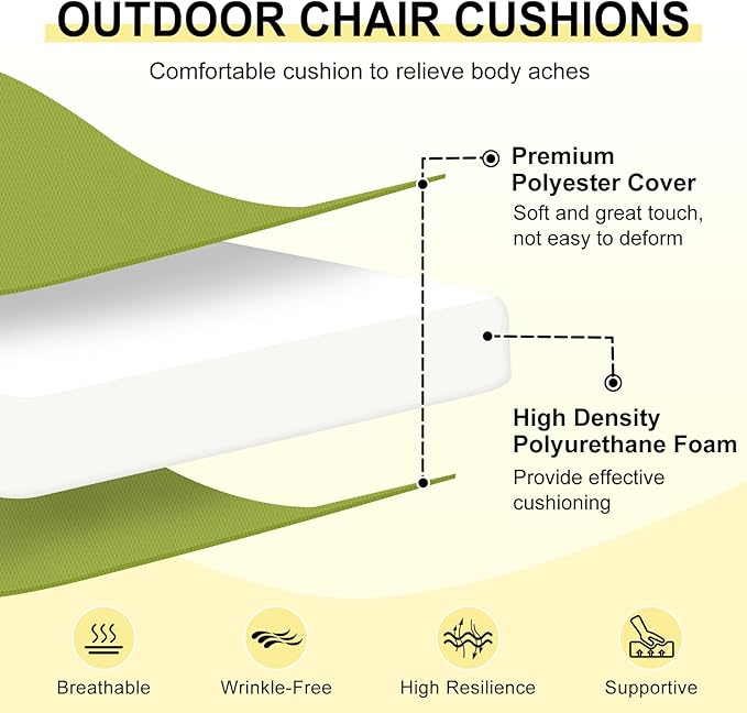 downluxe Outdoor Chair Cushions Set of 4 for Patio Furniture, Water-Resistant Square Corner Patio Chair Cushions with Ties, High Density Foam Outdoor Seat Cushion, 18.5" X 16" X 3", Sage Green