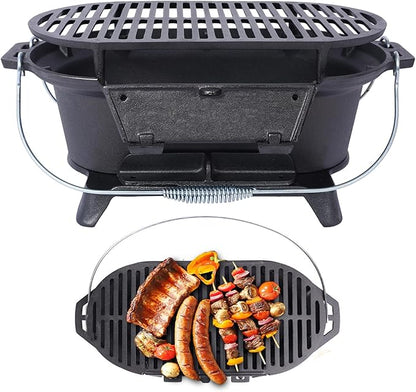 Cast Iron HibachiGrill Outdoor, Portable Cast Iron Charcoal Grill with Adjustable Air Vents - Compact for Outdoor Camping, Backyard BBQ, Picnics & Tailgating (Oval)