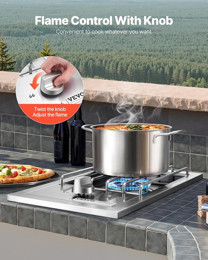 VEVOR Single Grilling Side Burner, 15,000BTU Liquid Propane Side Burner for Outdoor Kitchen, Convertible to Natural Gas, 304 Stainless Steel Built-in Single Grill Burners for BBQ Grill Island