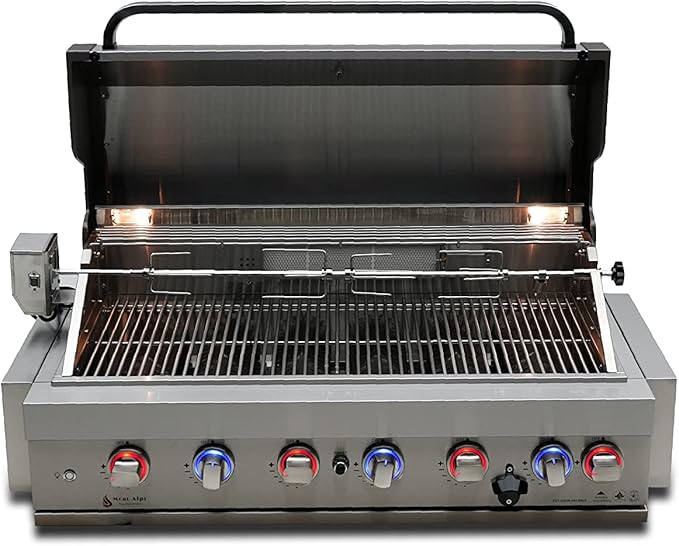 Mont Alpi Premium 44"W x 23"D x 21"H Stainless Steel 6-Burner 87000 BTUs Outdoor Kitchen Kitchen Island Heavy Duty Propane Built-in BBQ Grill Head with Infrared Rear Burner + Rotisserie Kit + Cover