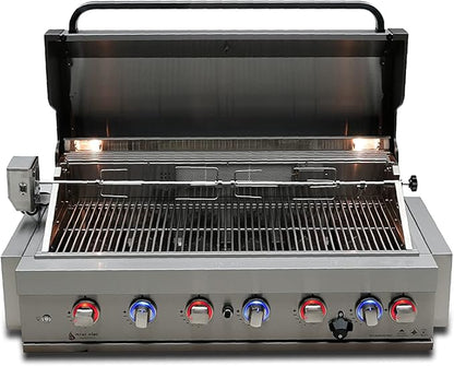 Mont Alpi Premium 44"W x 23"D x 21"H Stainless Steel 6-Burner 87000 BTUs Outdoor Kitchen Kitchen Island Heavy Duty Propane Built-in BBQ Grill Head with Infrared Rear Burner + Rotisserie Kit + Cover