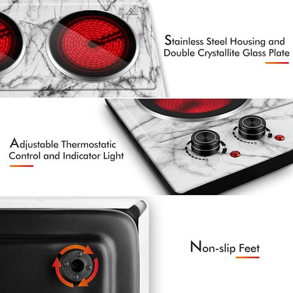 CUSIMAX Hot Plate, 1800W Double Burner Hot Plate for Cooking, White Marble | Portable Infrared Cooktop with Dual Temperature Control/Heat-up in Seconds/Overheating Protectio/Stainless Steel/Easy Cleanup