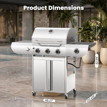 COWSAR 4 Burner Gas Grill, 34000 BTU Stainless Steel BBQ Grill with Side Burner, Porcelain-Coated Cast Iron Grates, Pull-Out Grease Tray for Outdoor Backyard Cooking