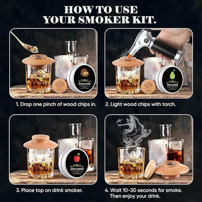 Cocktail Smoker Kit – Premium Old Fashioned Cocktail Kit Whiskey Smoker Kit Includes 4 Wood Chips, Torch, Cover – Smoking Accessories Bourbon Gifts for Men