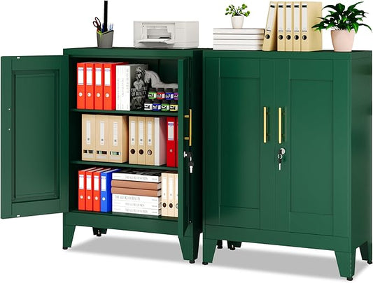 GAIOUS Green Metal File Cabinet with Lock (Two Units), Steel Storage Cabient with 2 Doors and 2 Adjustable Shelves, Multifunctional Locked Cabinet for Home/Office/Garage/Tool Room, Accent Furniture