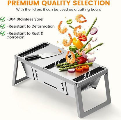 Foldable Stainless Steel Charcoal Grill, Ultra-Portable Mini BBQ Grill with Adjustable Heat, Tabletop Barbecue Grill for Camping, Picnic, Backyard, Terrace & Travel