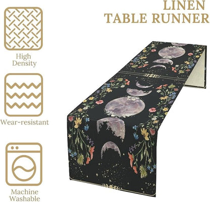 Kitchen Floral Moon Phase Table Runner - Gothic Mysterious Moonlit Farmhouse Decor - Burlap Table Runners for Decorations and Accessories - 13x36 Inch