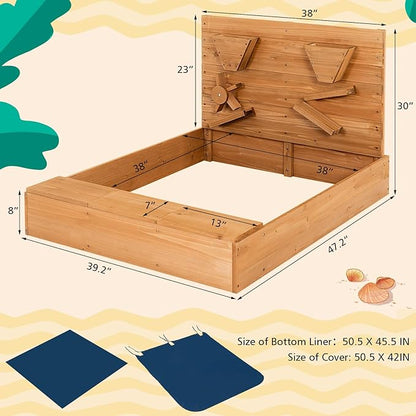 Costzon Kids Sandbox, Wooden Sand Pit w/Storage Boxes & Protective Bottom Liner, Outdoor Sand Box for Kids Age 3+ Backyard Garden Beach (with Sand Wall)