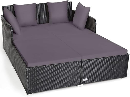 Tangkula Outdoor Rattan Daybed, Sunbed Wicker Furniture w/Spacious Seat, Upholstered Cushion & High-Resilience Sponge, Wicker Patio Sofa Set w/Extra Pillows for Courtyard Poolside (Grey)