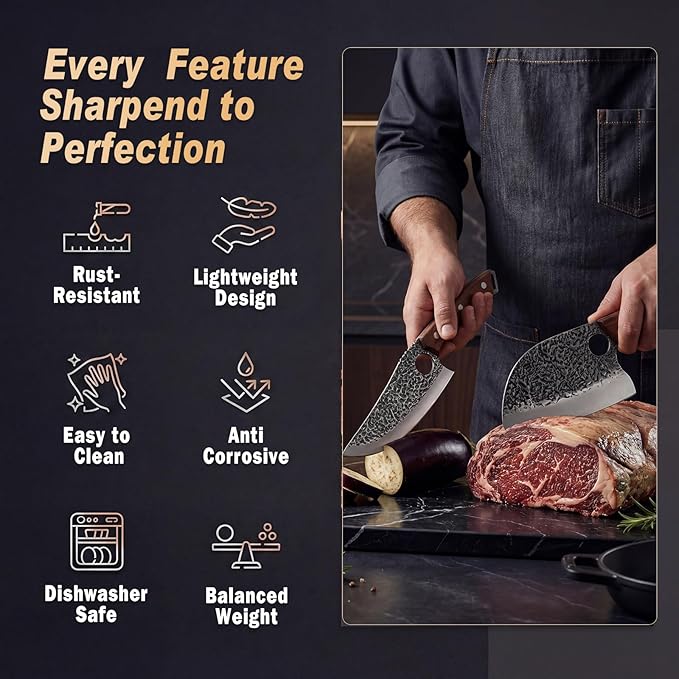 Viking Knife, Butcher Knife Set Hand Forged Boning Knives, Japanese Serbian Chef knives Kitchen Chopping for Meat Cutting Chefs Cleaver Camping Cooking, BBQ, Gifts for Men