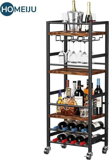 Homeiju Small Bar Cart with 5-Tier Shelf, Mobile Kitchen Shelf with Wine Rack and Glass Holder, Mini Bar Cart for Small Spaces, Rustic Brown