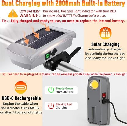 Solar/USB-C Grill Lights for Outdoor Grill | Compatible with Blackstone/Weber/Big Green Egg, Rechargeable LED Work Light, Gifts for Men, BBQ Accessories