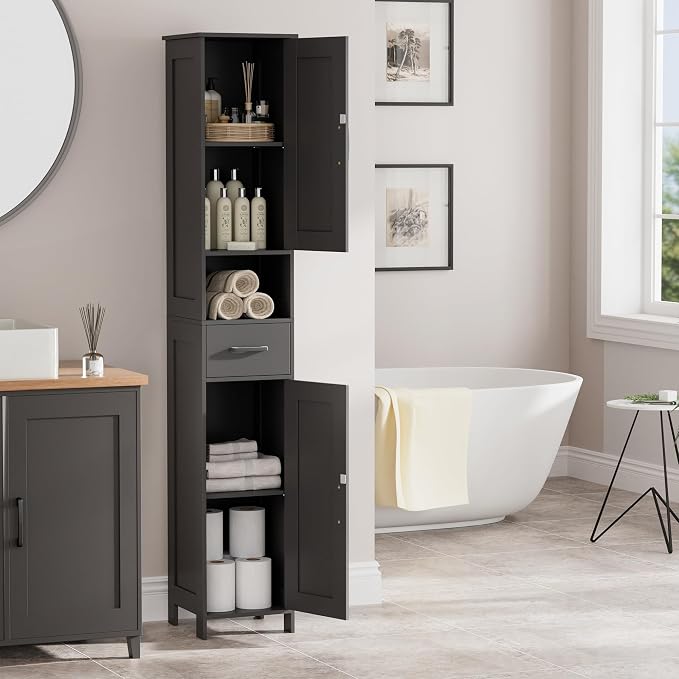 Homhedy 67" H Tall Bathroom Storage Cabinet with Barn Doors and Drawer | Narrow Storage Unit with Adjustable Shelves, Floor Cabinet for Bathroom, Living Room, Entryway or Kitchen, Black, 11.8" W