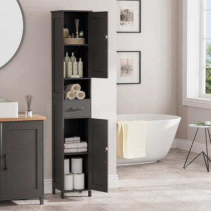 Homhedy 67" H Tall Bathroom Storage Cabinet with Barn Doors and Drawer | Narrow Storage Unit with Adjustable Shelves, Floor Cabinet for Bathroom, Living Room, Entryway or Kitchen, Black, 11.8" W