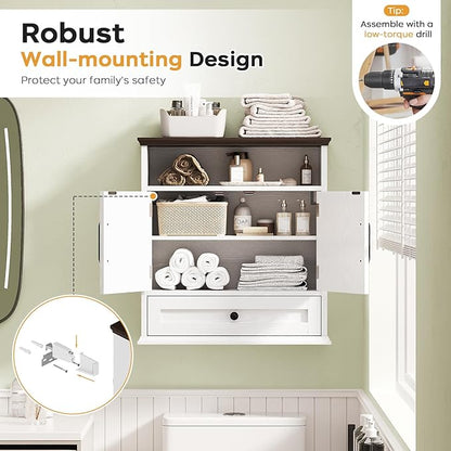 Bathroom Wall Cabinet, Wall Mounted Medicine Cabinet with Drawer, Barn Doors & Adjustable Shelf, 24.4"H x 23.6"W x 9"D White Over Toilet Farmhouse Storage Cabinet for Kitchen, Laundry Room, Entryway