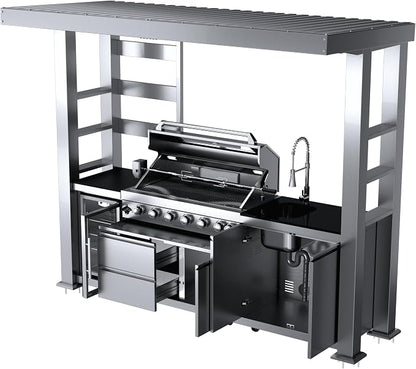 108-Inch 6-Burner 85000 BTU Propane Gas Grill Island with Shed, 304 Stainless Steel, 684 Sq.In Cooking Area, Wine Cooler, Rotisserie & Granite Countertops for Backyard BBQ, Sliver