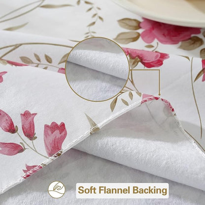 Spring Summer Vinyl Tablecloth with Flannel Backing Rectangle 52 x 70 Inch | Waterproof Stain Resistant Floral Plastic Table Cloth, PVC Table Cover for Dining, Party, Picnic, Outdoor, Rose