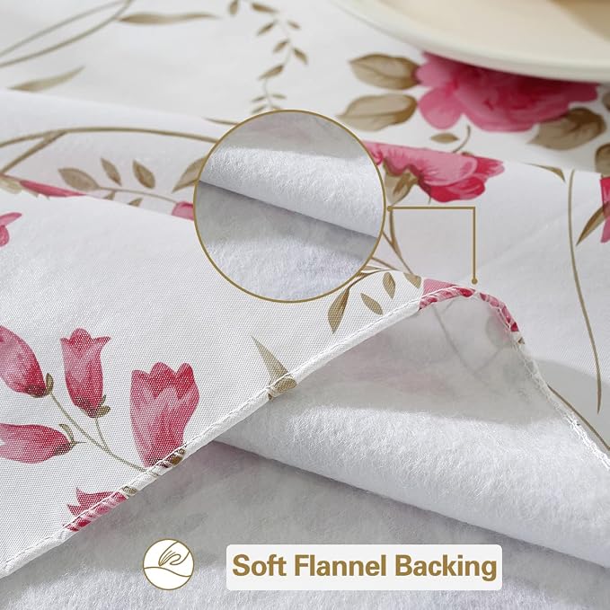 Spring Summer Vinyl Tablecloth with Flannel Backing Rectangle 60 x 84 Inch | Waterproof & Wipe Clean Thick Plastic Table Cloth, Floral Table Cover for Dining, Party, Picnic, Outdoor, Rose