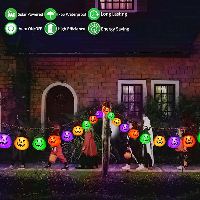 Windpnn Upgraded Solar Halloween Lights Outdoor, Solar Powered Pumpkin String Lights,16ft 20LED 8 Modes Waterproof Halloween String Lights for Garden Patio Landscape Halloween Decorations(Multicolor)