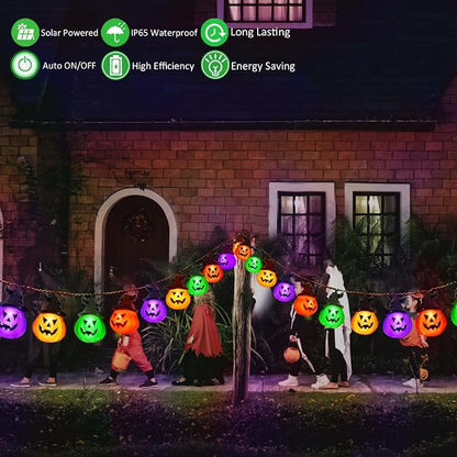 Windpnn Upgraded Solar Halloween Lights Outdoor, Solar Powered Pumpkin String Lights,16ft 20LED 8 Modes Waterproof Halloween String Lights for Garden Patio Landscape Halloween Decorations(Multicolor)