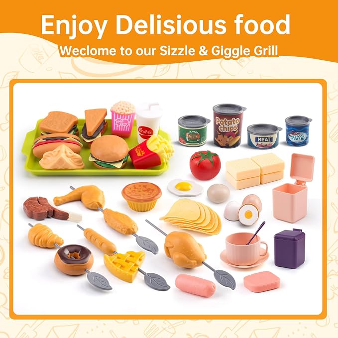 240Pcs Kids Mini Play Kitchen Accessories, Play Pans, Pots, Cookware with Desserts, Cuttable Veggies & BBQ Set & Storage Basket, Prop Money, Learning Gift for Child，Toddlers, Child, Pink