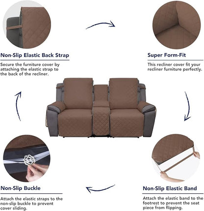 PureFit Water Resistant Reversible Loveseat Recliner Cover for Double | Double with Console, Non Slip Split Sofa Cover, Washable Reclining Cover, Brown/Beige
