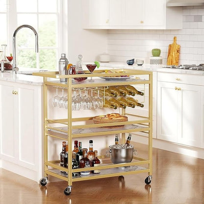 Leteuke Bar Cart for Home, 3 Tier Gold Serving Rolling Carts with Wheels | Drink Cart, Liquor Stand with Marbled Wooden Shelves, Wine Rack and Glass Holder for Kitchen, Dining Room