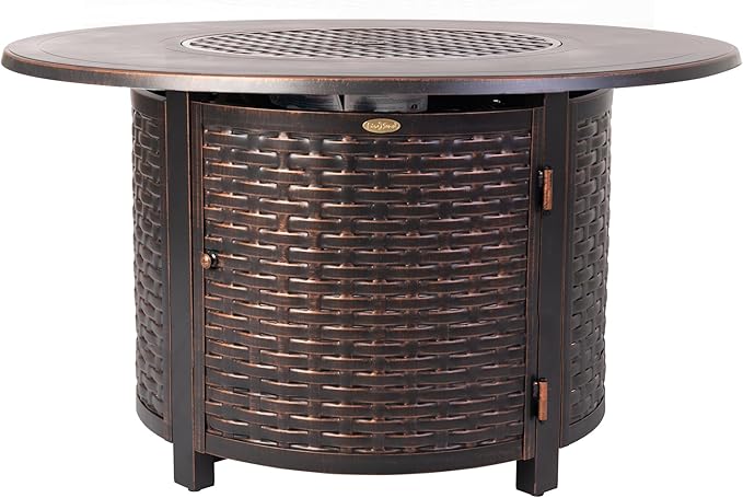 Fire Sense 62373 Florence Woven Aluminum Convertible Gas Fire Pit Table 55,000 BTU Multi-Functional Outdoor with Fire Bowl Lid, Nylon Weather Cover & Clear Fire Glass - Bronze Finish - Round - 44"