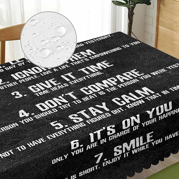 Rectangle Tablecloth 52x70 Inch Inspirational Quote, 7 Rules of Life Phrase Dining Table Cloth Table Cover for Home Kitchen Restaurant Party Buffet Picnic, 4-6 Seats