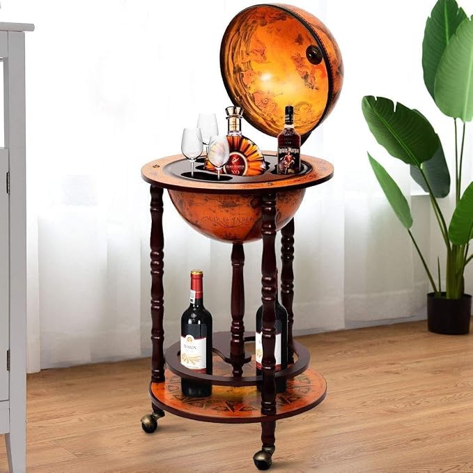 17" Wooden Globe Wine Rack, Wooden Globe Wine Bar Stand, Freely Movable Stable Liquor Bottle Shelf, Nautical Chart Wine Storage Cabinet, 16th Century Retro Wine Cupboard, Retro Brown