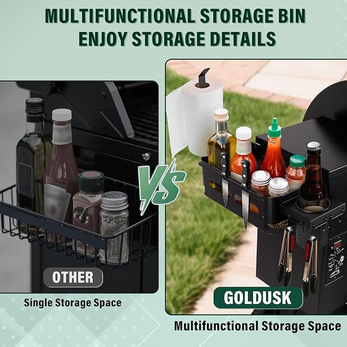 Goldusk Storage Bin for Traeger Grills with Paper Towel Holder and Drink Holder Accessories Outdoor Grill for Traeger Ironwood 650/885, PRO 575/780/34/22, for Pit boss, for Z-Grills Smoker Accessories