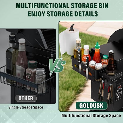 Goldusk Storage Bin for Traeger Grills with Paper Towel Holder and Drink Holder Accessories Outdoor Grill for Traeger Ironwood 650/885, PRO 575/780/34/22, for Pit boss, for Z-Grills Smoker Accessories