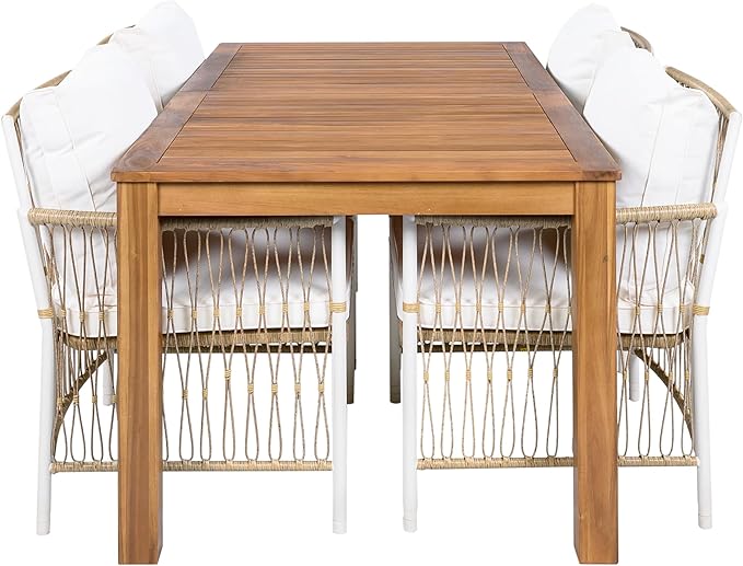 Merax 5 Piece Patio Dining Set, Outdoor Acacia Wood 67 Inch Dinning Table with Sturdy Legs and 4 Rattan Arm Chairs w/Cousions & Pillows for Backyard,Balcony, Garden, Poolside, Natural